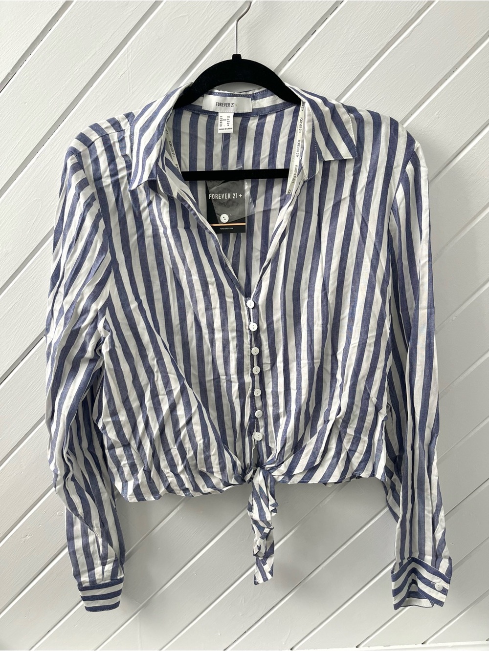 Forever 21 Blue & White Striped Tie-Knot Button Down Shirt